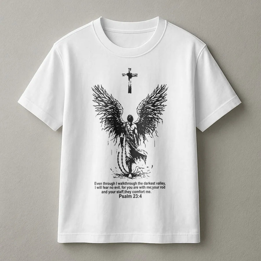 Psalm 23:4 Christian T-Shirt | Angel Wings Guardian Design | 100% Cotton Premium Tee | Faith-Based Religious Gift for Men and Women