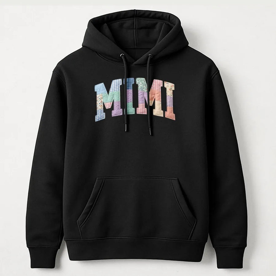 Mimi Hoodie | Printed Patchwork Varsity Letters | Cozy Unisex Crewneck | Grandma Core Gift for New Grandmother