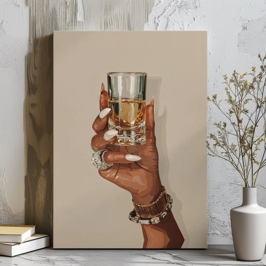 Black Woman Art Canvas | Elegant Hand With Jewelry Holding Shot Glass | Premium Gallery Wrap Decor | Chic Bar Cart Home Wall Art