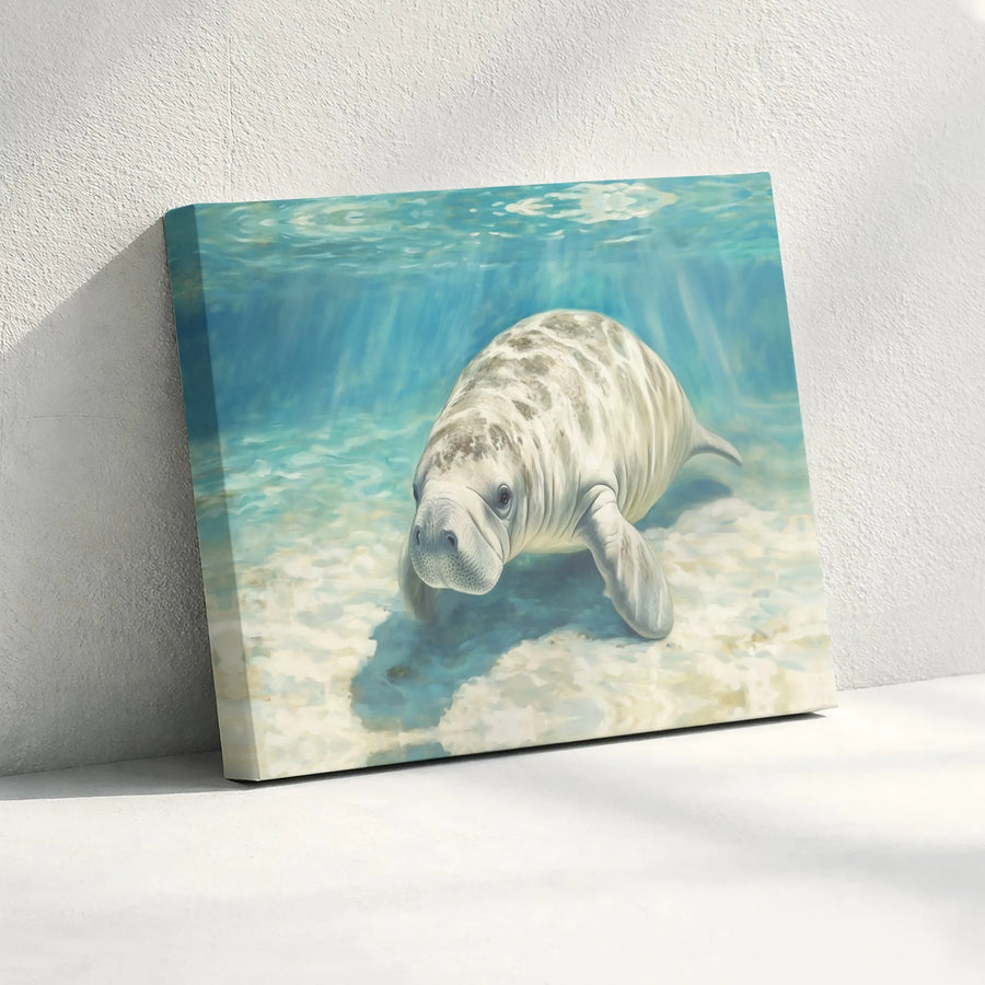 Manatee Wall Art | Realistic Underwater Ocean Painting | Gallery Quality Wrapped Canvas | Coastal Home Decor Gift for Sea Life Lovers