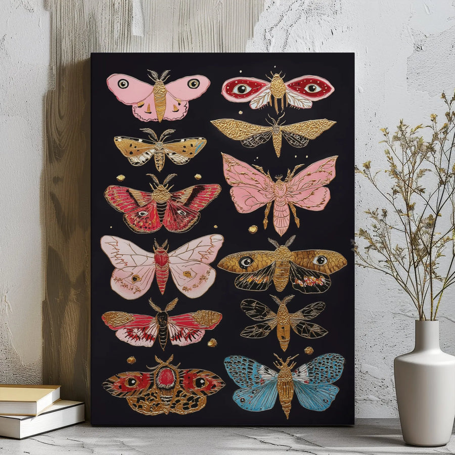 Moth Wall Art Canvas | Bohemian Golden Insect Illustration | Gallery Wrapped Premium Decor | Nature Lover Gift For Home Office