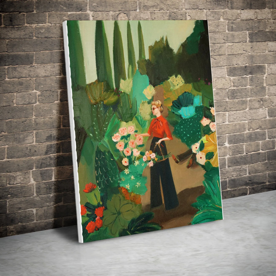 Mid-Century Modern Woman in Garden Vertical Canvas | Elegant Lady Picking Flowers Art | Premium Gallery Wrapped Canvas | Collector's Living Room Wall Decor Gift