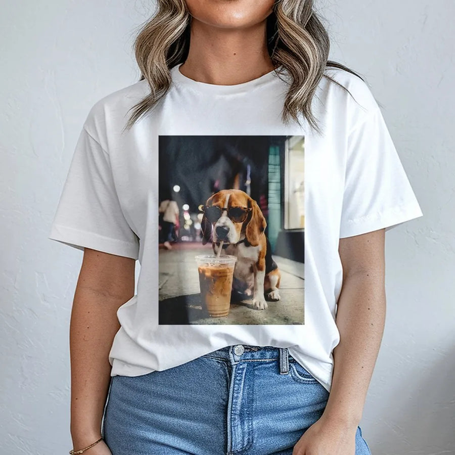 Funny Dog Iced Coffee T-Shirt | Beagle Wearing Sunglasses Graphic | Premium Cotton Blend Pullover | Gift for Dog Mom, Coffee Lover