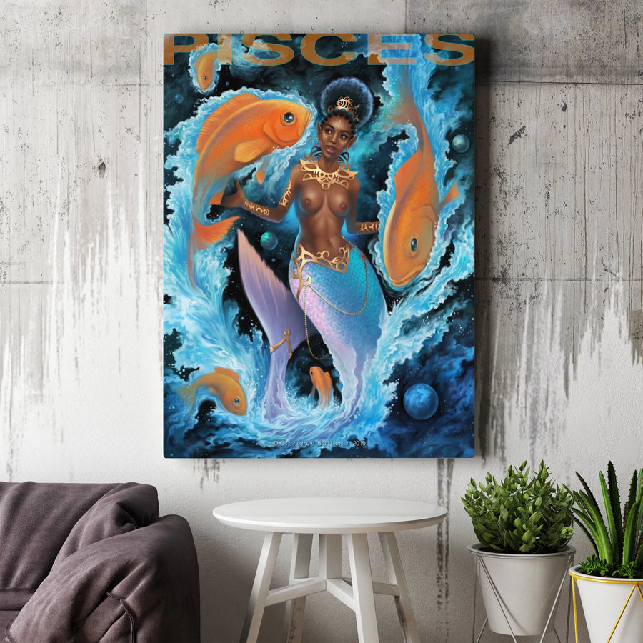 Pisces Zodiac Canvas Print | Afrocentric Mermaid Goddess Art | Premium Gallery Wrapped Canvas | Spiritual Astrology Decor Gift for Her