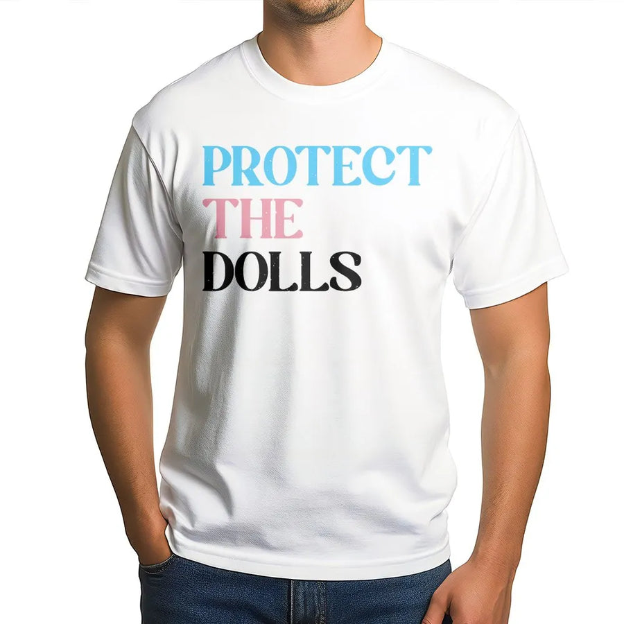 Protect The Dolls T-Shirt | Trans Pride Flag Colors Graphic | Premium 100% Cotton Tee | Human Rights Activist Gift for LGBTQ Supporters