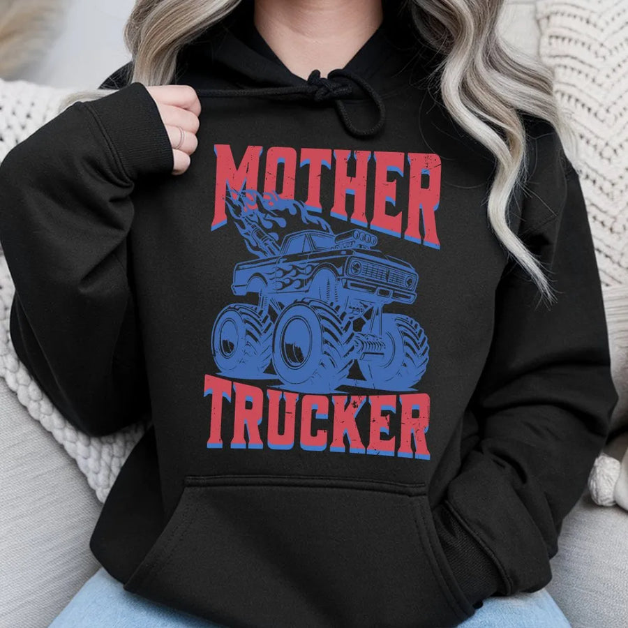 Mother Trucker Hoodie | Funny Monster Truck Graphic | Premium Cotton Blend | Gift For Mom Of Boys Birthday Present