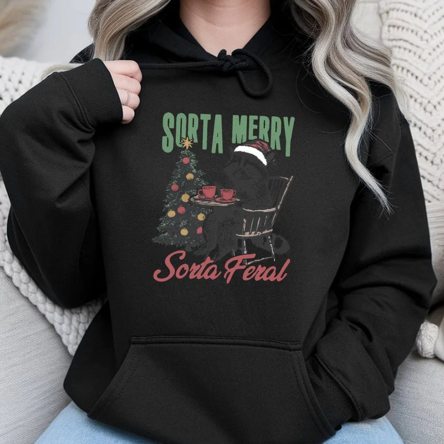 Sorta Merry Sorta Feral Raccoon Hoodie | Funny Christmas Animal Graphic | Premium Cotton Blend | Gift For Wildlife Lovers And Introverts