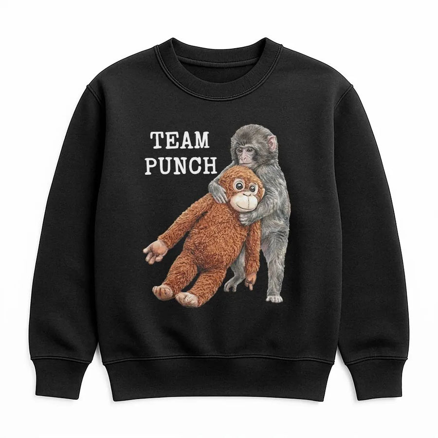 Team Punch Monkey Sweatshirt | Cute Baby Monkey Graphic Print | Premium Cotton Blend Crewneck | Funny Animal Lover Gift for Men Women