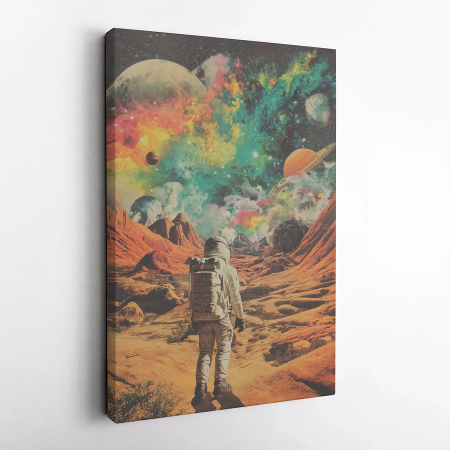 Cosmic Astronaut Vertical Canvas | Retro Psychedelic Space Art Print | Premium 1.25" Thick Gallery Wrap | Collector's Gift for Sci-Fi Fans