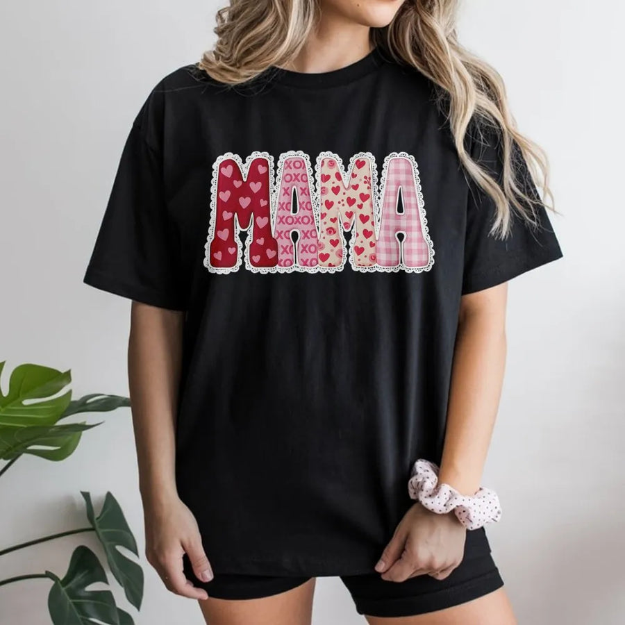 Valentines Mama T-Shirt | Heart Pattern Typography Graphic | 100% Soft Cotton Tee | Cute Mother's Day 2026 Gift for Her