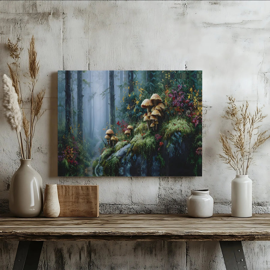 Misty Forest Canvas Wall Art | Magical Woodland Mushroom Scene | Premium Gallery Wrap Print | Nature-Inspired Home Decor Gift