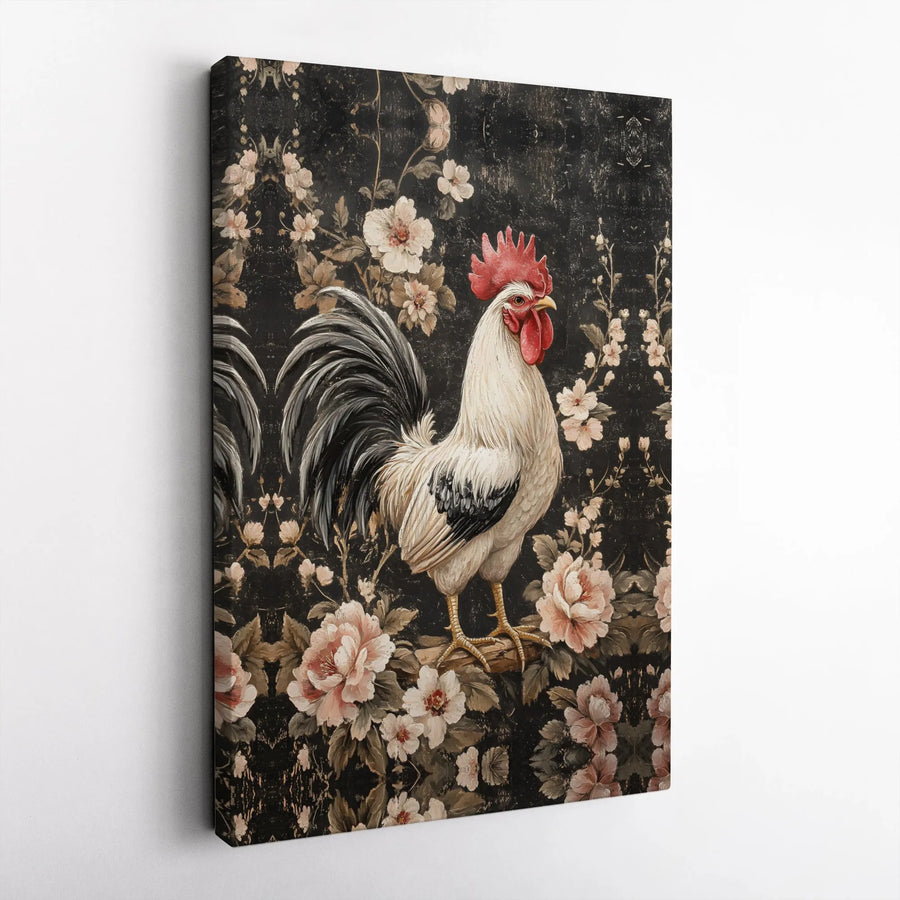 Rooster Canvas Wall Art | Vintage Floral Rooster Painting | Premium Gallery Canvas | Farmhouse Kitchen Decor Gift