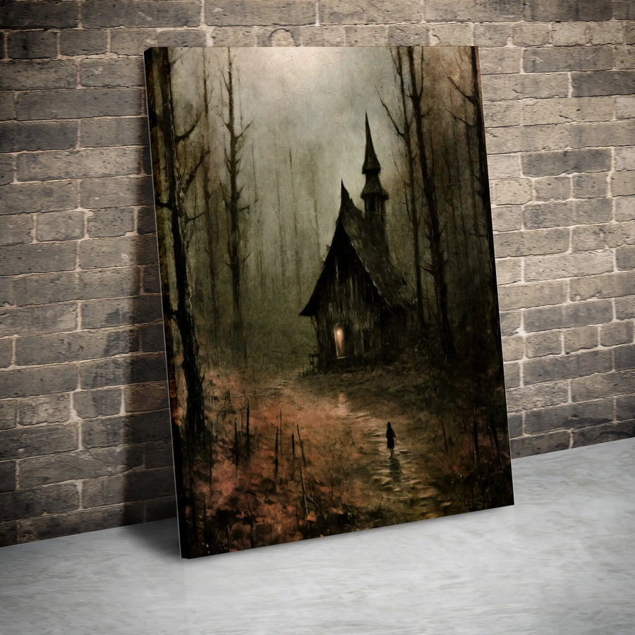 Gothic Haunted Forest Canvas Wall Art | Moody Dark Church Landscape | Premium Gallery-Wrapped Print | Eerie Home Decor Gift