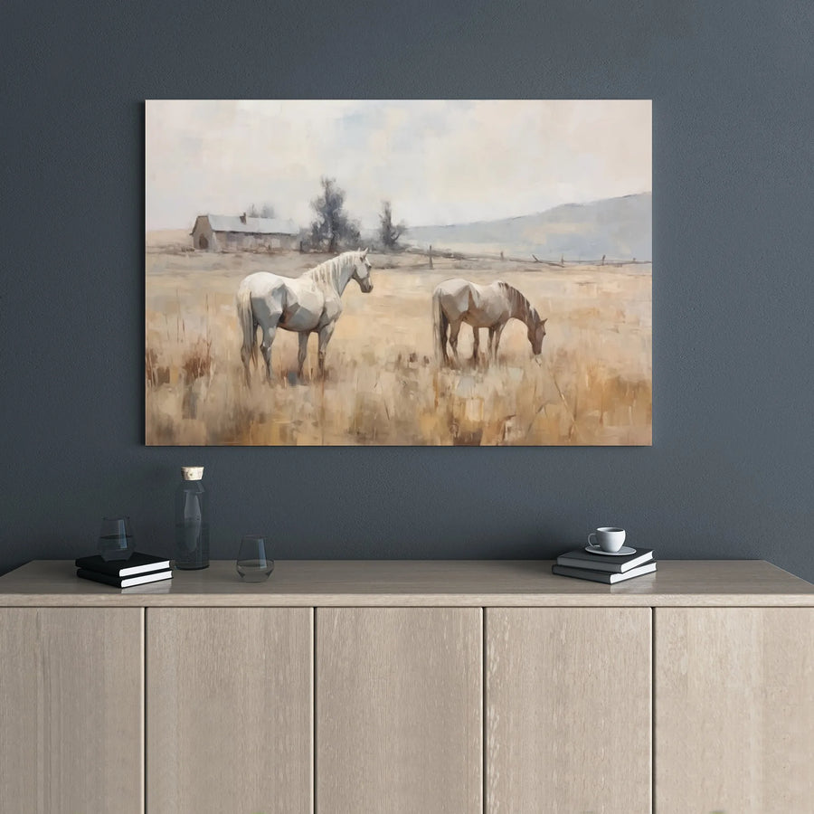 Horse Landscape Canvas Wall Art | Rustic Farmhouse Meadow Scene | Premium Gallery Wrap Print | Neutral Aesthetic Decor for Farmhouse Living Room