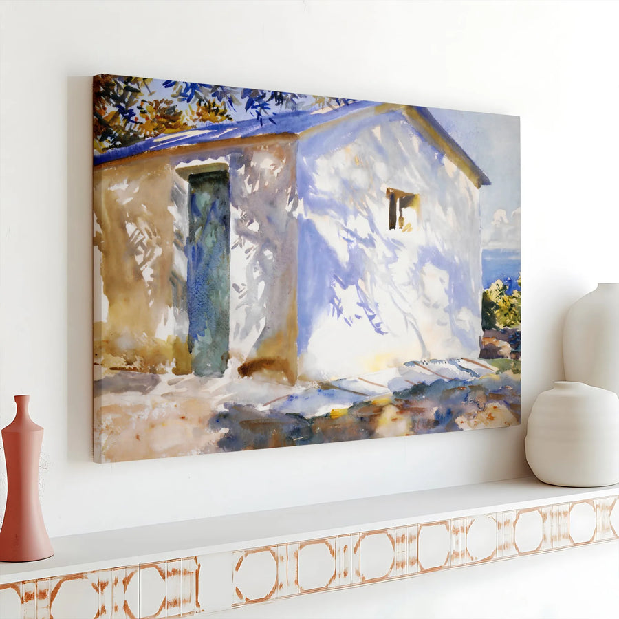 Coastal House Canvas Wall Art | Watercolor Seaside Villa Painting | Premium Gallery Quality Print | Nautical Decor for Living Room Gift