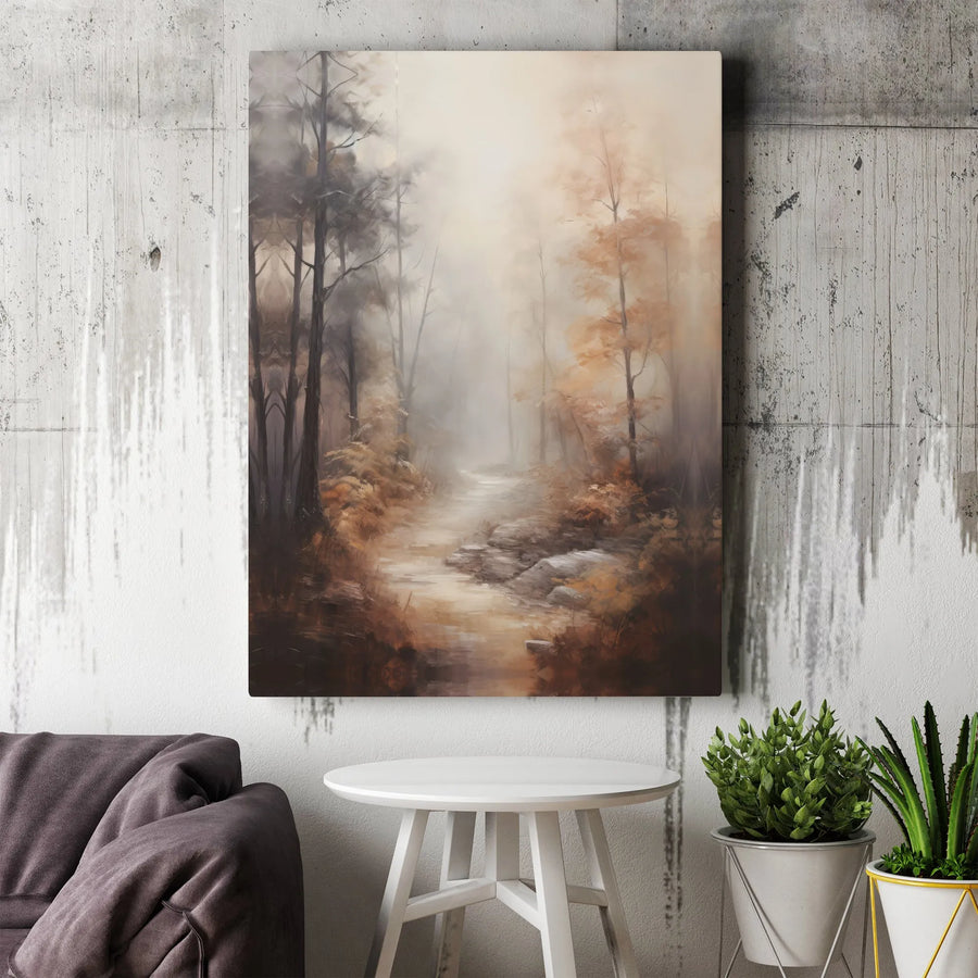 Misty Autumn Forest Canvas Art | Moody Woodland Path Landscape Print | Premium Gallery Wrap Wall Decor | Nature Lover Gift for Home Office