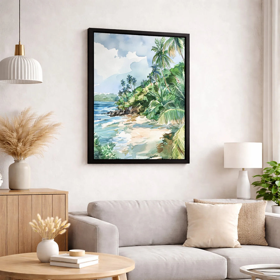 Tropical Beach Canvas Print | Watercolor Palm Trees Ocean Landscape | Premium Gallery Wrapped Art | Coastal Home Decor for Living Room