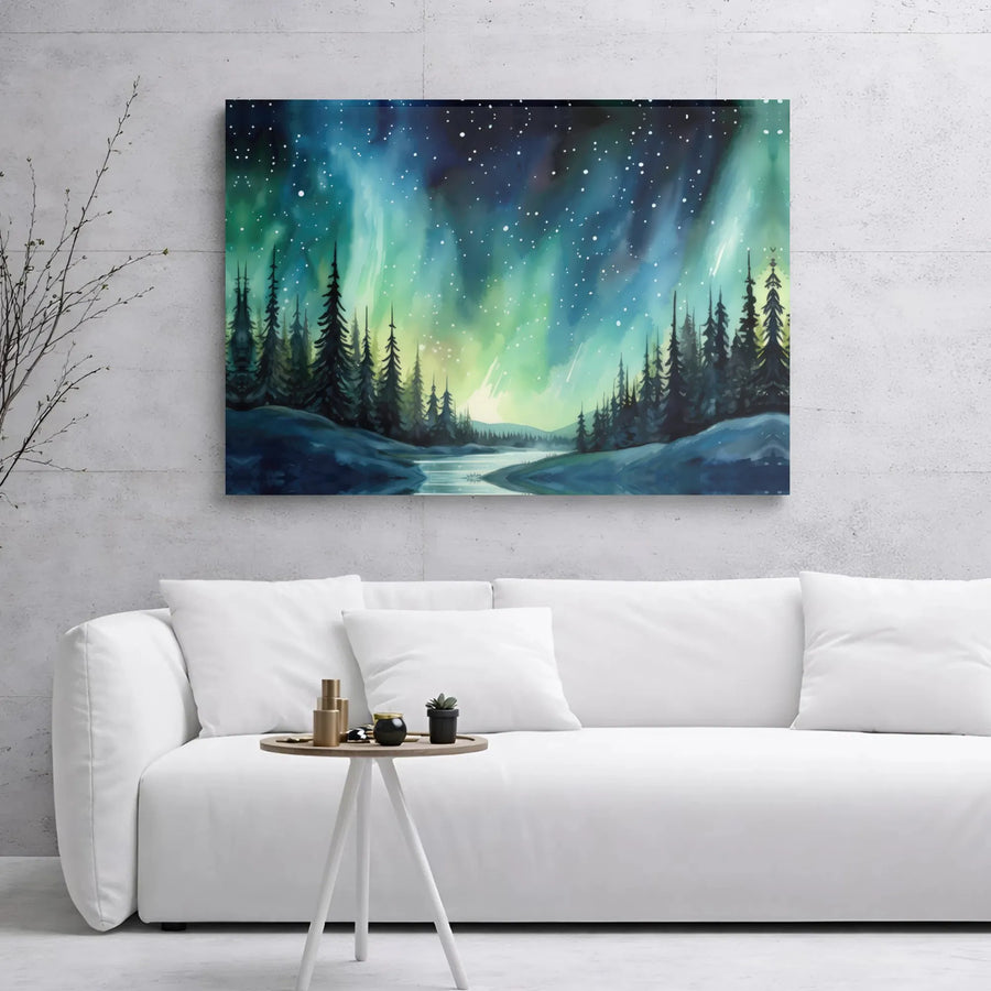 Northern Lights Canvas Wall Art | Aurora Borealis Pine Forest Landscape | Premium Gallery Wrap 1.25" Depth | Ready to Hang Nature Home Decor