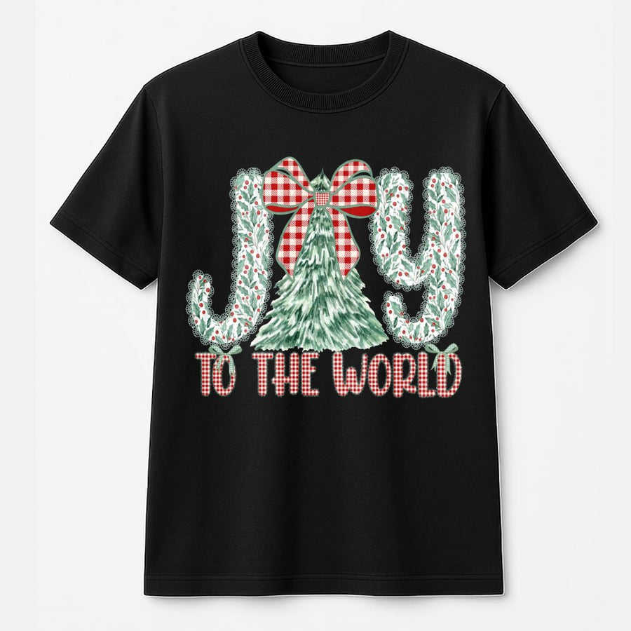 Joy To The World T-Shirt | Buffalo Plaid Christmas Tree Graphic | 100% Cotton Premium Tee | Festive Holiday Gift for Women and Family