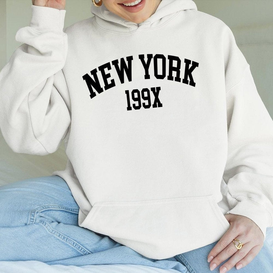 New York 199X Hoodie | Retro Varsity Text Graphic | Premium Cotton Blend Unisex Sweatshirt | Casual Streetwear Gift for NYC Lovers