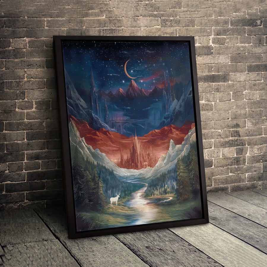 Fantasy Landscape Canvas | Whimsical White Stag & Futuristic City Art | Premium Fade-Resistant Print | Wall Decor for Office or Living Room