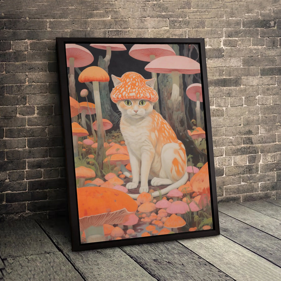 Mushroom Cat Canvas Wall Art | Whimsical Orange Kitten in Toadstool Forest | Premium Fade-Resistant Print | Cute Cottagecore Home Decor Gift