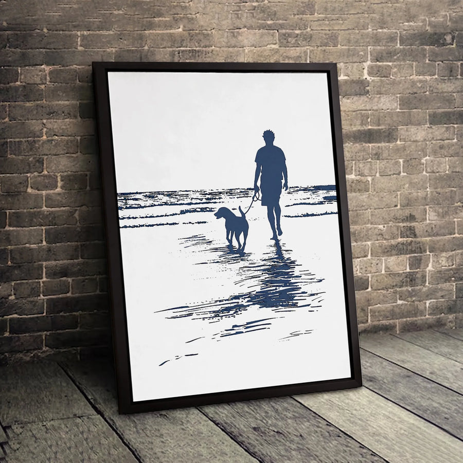 Man Walking Dog Beach Canvas Print | Coastal Silhouette Sketch | 1.25 Inch Gallery Wrap | Minimalist Home Decor Gift for Dog Lovers
