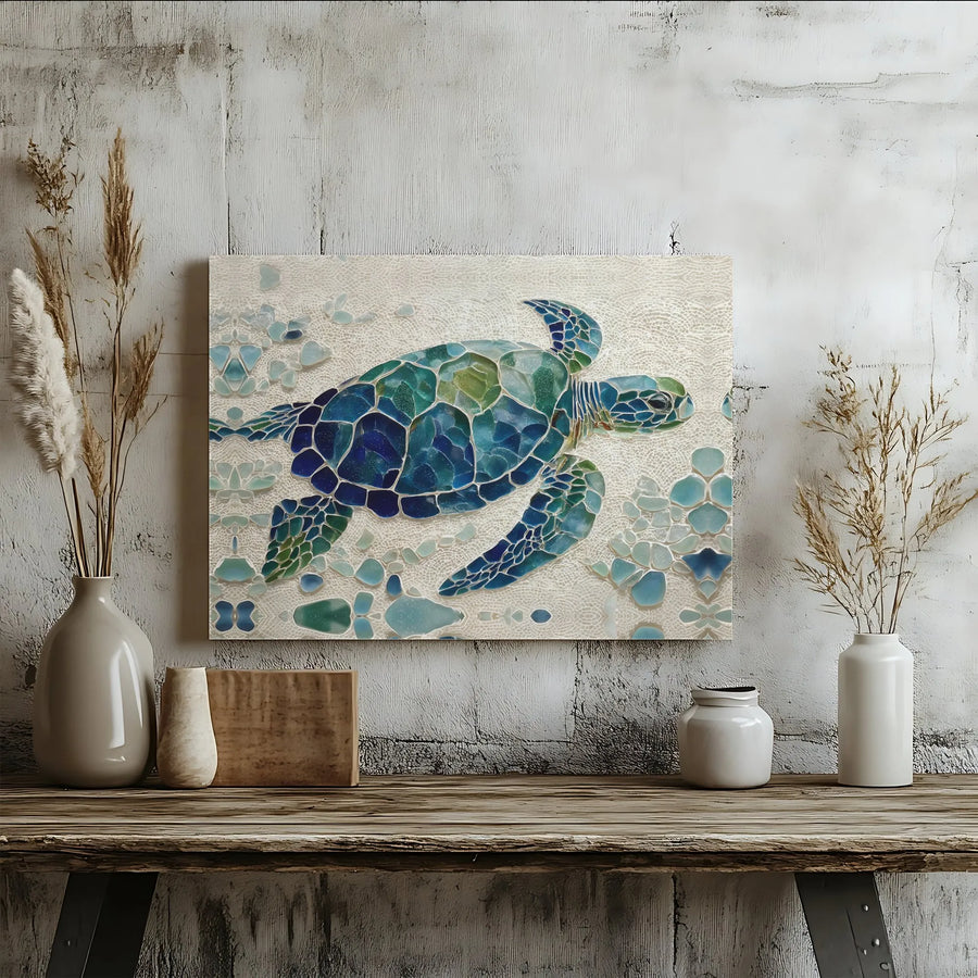 Sea Turtle Mosaic Canvas Wall Art | Sea Glass Effect Turtle Art Print | Premium Gallery Wrap Canvas | Nautical Beach House Decor Gift