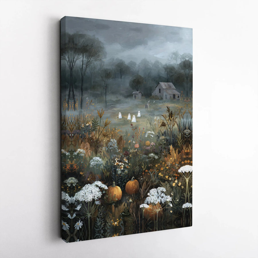 Spooky Ghost Canvas Wall Art | Halloween Wildflower Pumpkin Patch Print | Gallery Quality Premium Decor | Whimsical Fall Farmhouse Gift