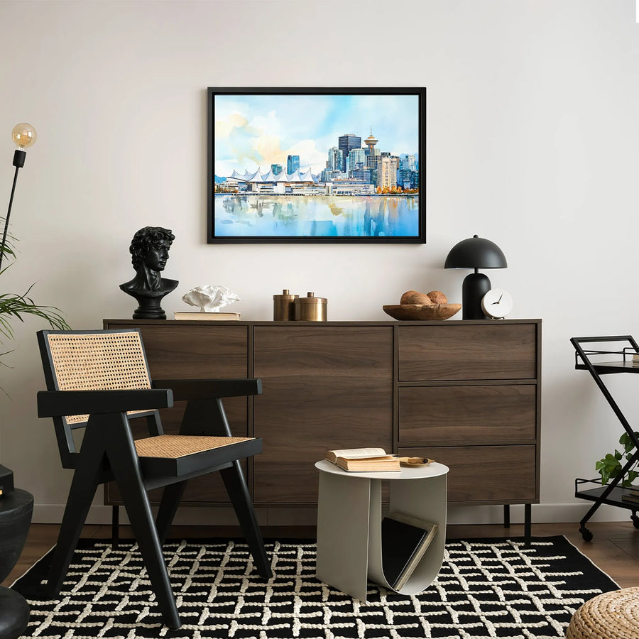 Vancouver Skyline Watercolor Print | Canada Place & Lookout Art | Premium Gallery-Wrapped Canvas | Home Office Decor Gift