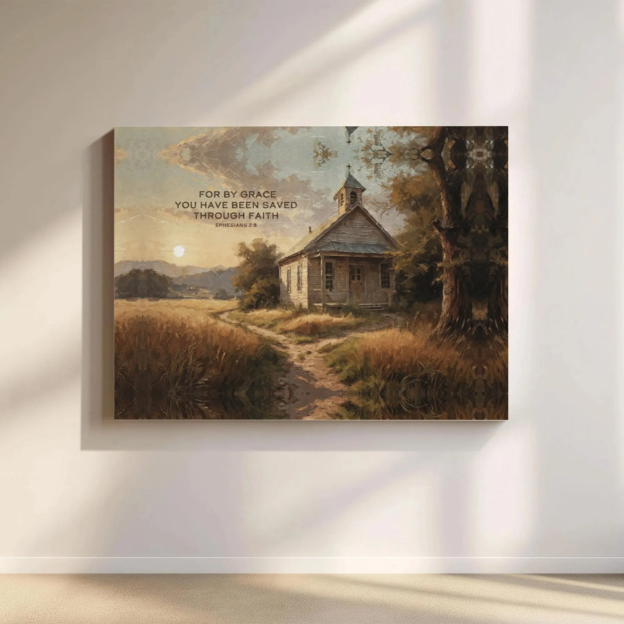 Ephesians 2:8 Canvas Print | Rustic Church Landscape Wall Art | Gallery Quality Premium Decor | Christian Gift for Home or Office