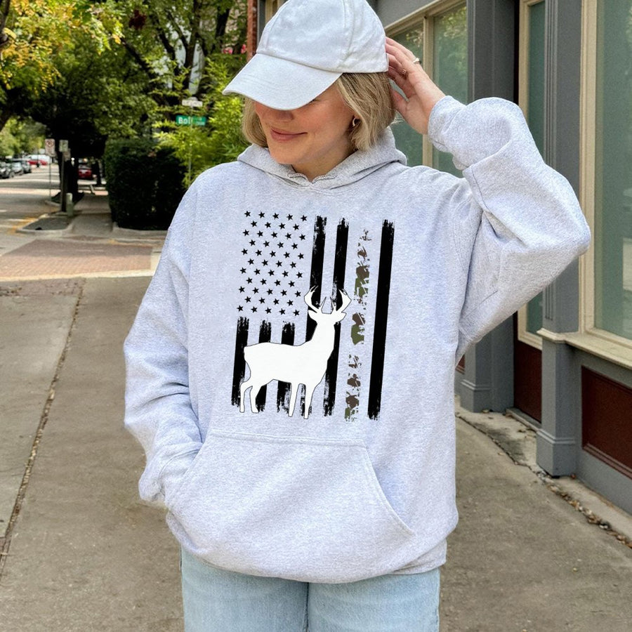 Whitetail Deer Hunting Hoodie | Distressed Camo American Flag Graphic | Premium Cotton Blend | Patriotic Gift for Outdoorsmen and Hunters