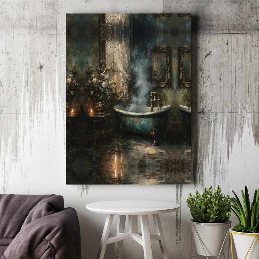 Vintage Bathroom Canvas Print | Victorian Clawfoot Tub Painting | Thick Gallery Wrapped Canvas | Moody Bathroom & Spa Decor Gift