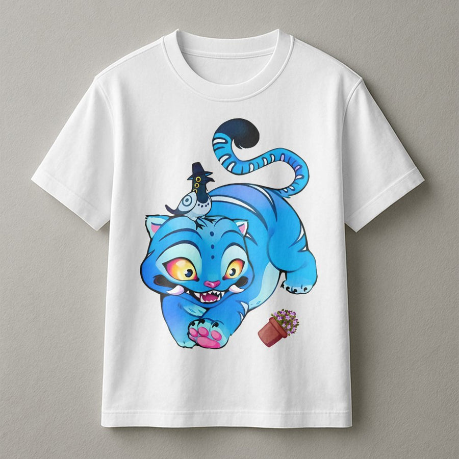 Derpy Blue Tiger T-Shirt | Cute Anime Style Cartoon Graphic | Premium Soft Cotton Tee | Unique Animal Lover Gift For Men And Women