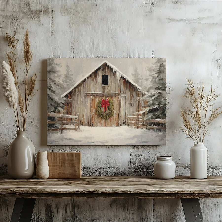 Rustic Winter Barn Canvas Wall Art | Snowy Farmhouse Christmas Wreath Print | Premium 1.25" Gallery Wrap | Seasonal Holiday Home Decor Gift