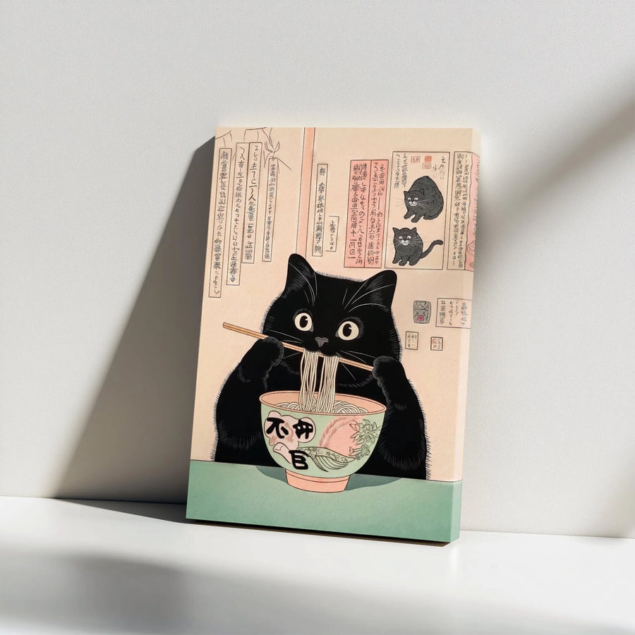 Ukiyo-e Black Cat Canvas Wall Art | Japanese Ramen Eater Illustration | 1.25 Inch Gallery Wrap | Unique Kitchen & Home Decor Gift