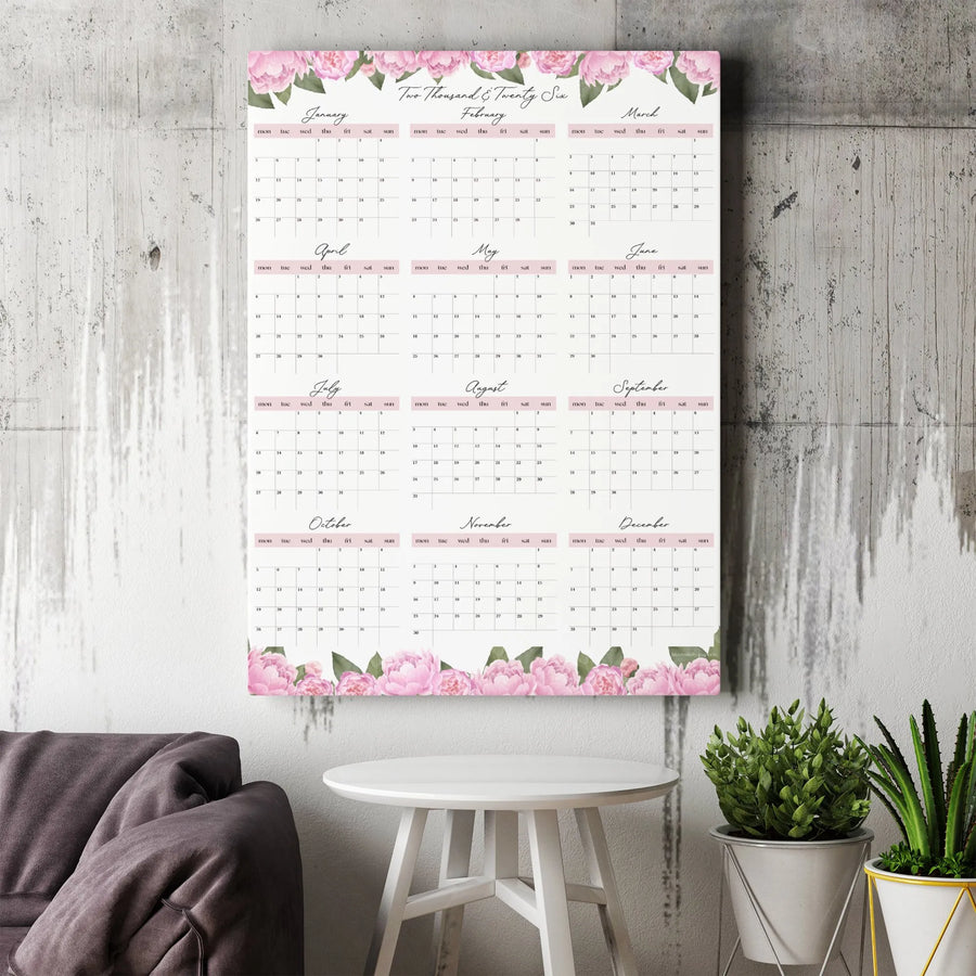 2026 Calendar Wall Art | Pink Peony Floral Print | Premium Gallery Wrap Canvas | Home & Office Decor Gift