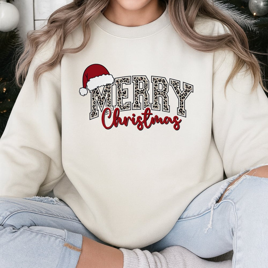 Merry Christmas Sweatshirt | Leopard Print Santa Hat Holiday Graphic | Premium Cotton Blend | Unisex Cozy Winter Gift For Women And Men