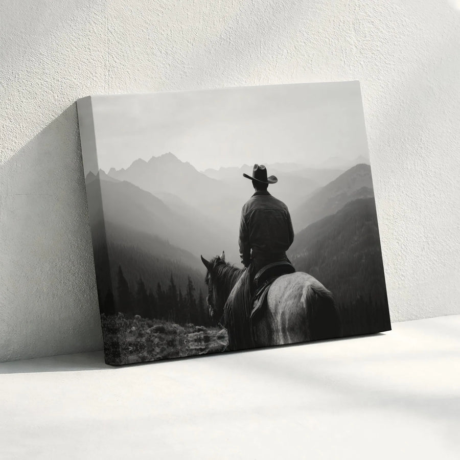 Western Cowboy Wall Art | Black and White Mountain Landscape | Gallery Quality Canvas Print | Rustic Home Decor Gift for Him
