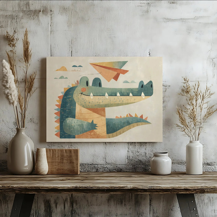 Alligator Canvas Wall Art | Whimsical Nursery Illustration with Paper Airplane | Premium Gallery Wrap 1.25 inch Frame | Cute Gift for Kids Room