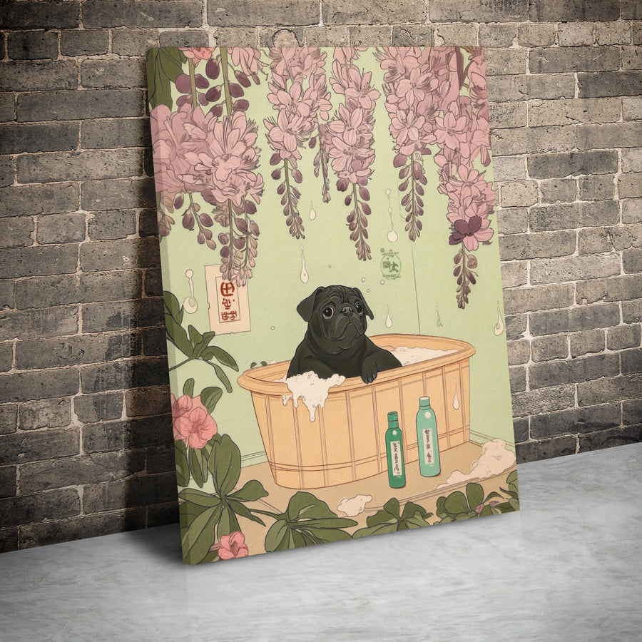 Black Pug Wall Art | Japanese Ukiyo-E Style Bathing Dog with Wisteria | Gallery Wrapped Canvas Print | Unique Dog Lover Gift Home Decor