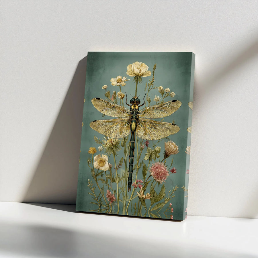 Dragonfly Wall Art Canvas Print | Vintage Botanical Illustration with Wildflowers | Premium Frameless Canvas | Nature Lover Home Decor Gift