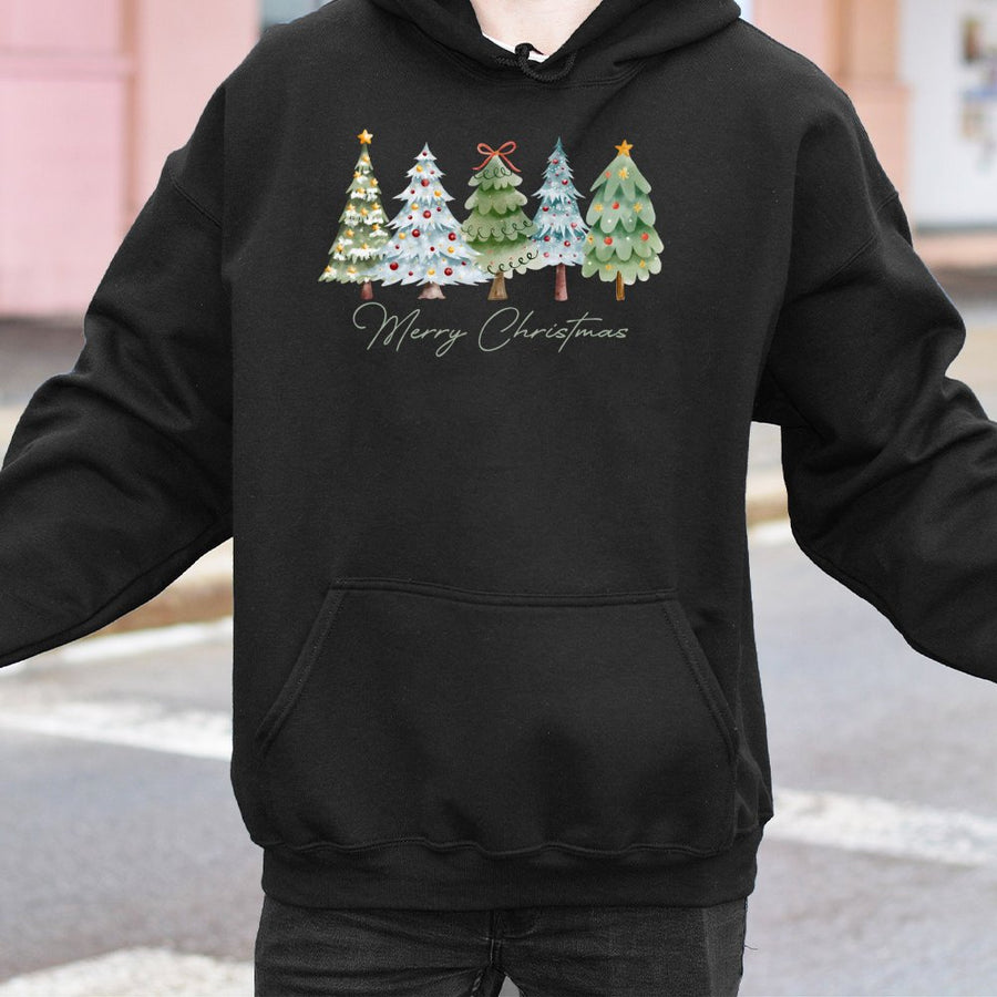 Merry Christmas Tree Hoodie | Watercolor Festive Graphic Design | Premium Cotton-Blend Fleece | Cozy Holiday Gift for Women and Men