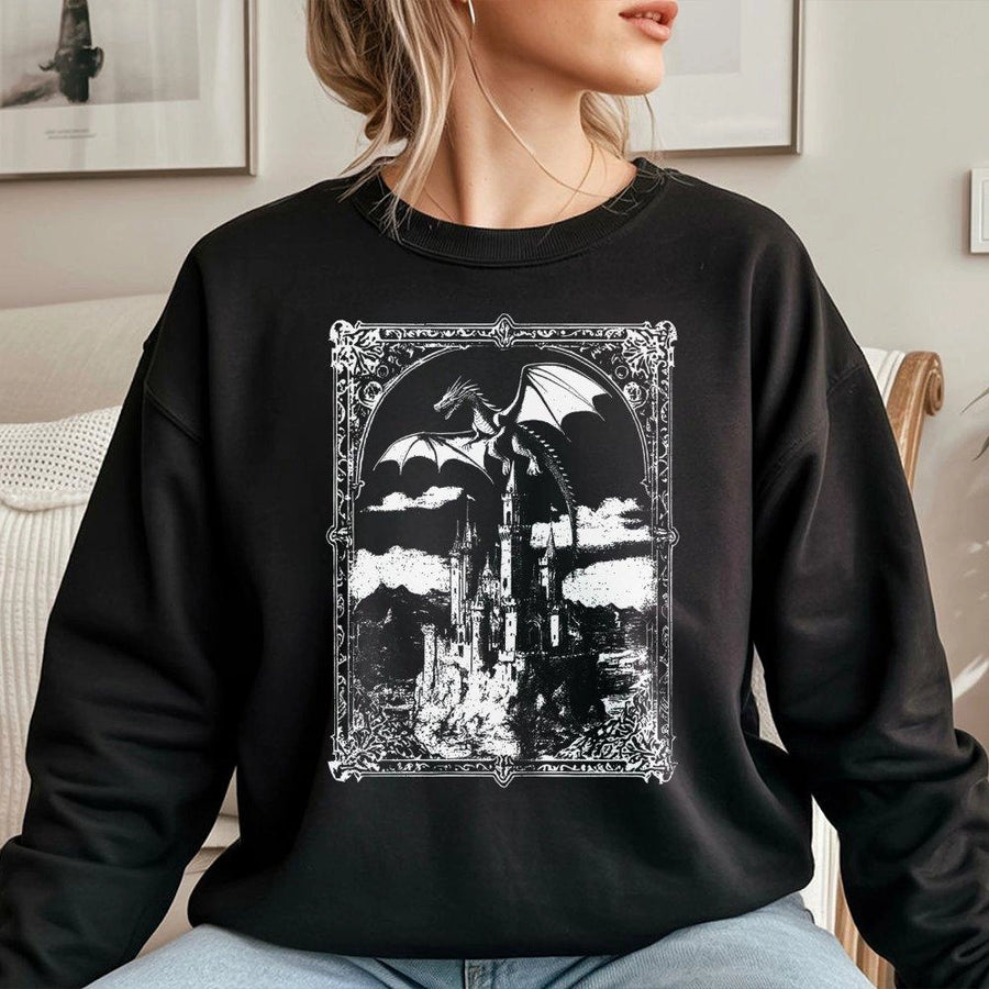 Dragon Castle Sweatshirt | Dark Fantasy Medieval Art | Premium Cotton Blend Crewneck | Gift For Fantasy Reader & DND Gamer