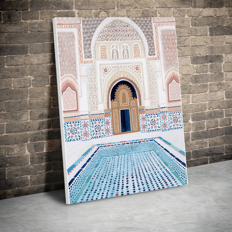 Moroccan Riad Canvas Wall Art | Watercolor Courtyard with Blue Mosaic Pool | 1.25” Gallery Wrap | Premium Travel Decor Gift