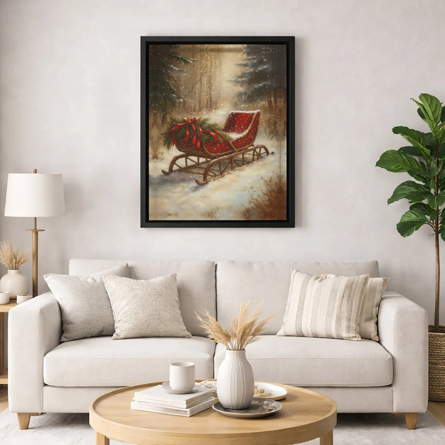 Vintage Red Christmas Sleigh Canvas Print | Snowy Forest Winter Landscape | Gallery-Wrapped Premium Wall Art | Festive Holiday Home Decor Gift