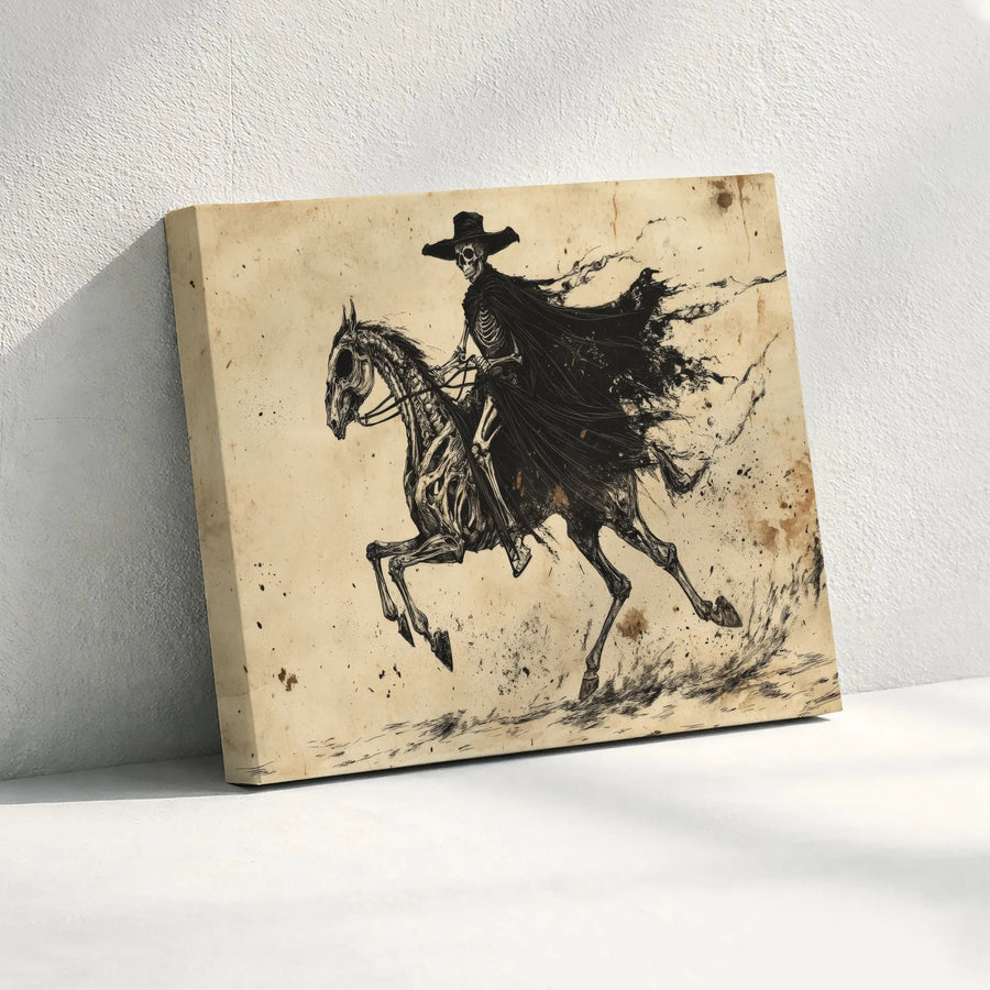 Skeletal Cowboy Wall Art | Gothic Western Grim Reaper Canvas | Premium Fade-Resistant Decor | Dark Aesthetic Home Office Gift