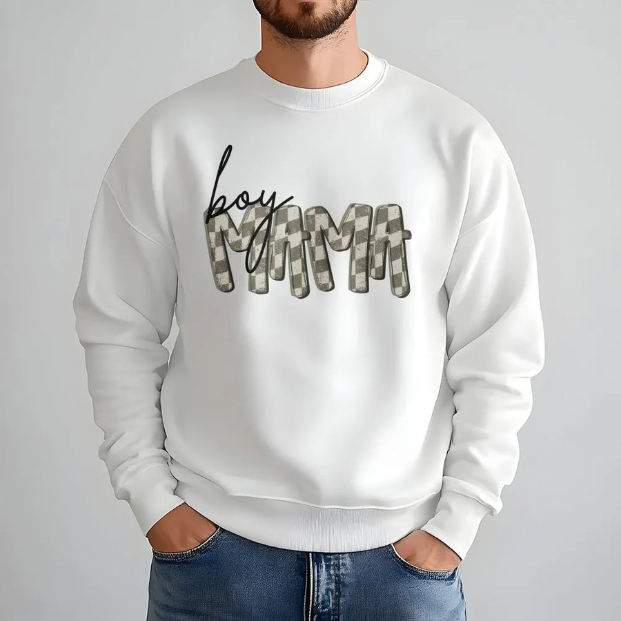 Boy Mama Sweatshirt | Retro Checkered Graphic Crewneck | Premium Cotton Blend | Mothers Day Gift for Mom of Boys