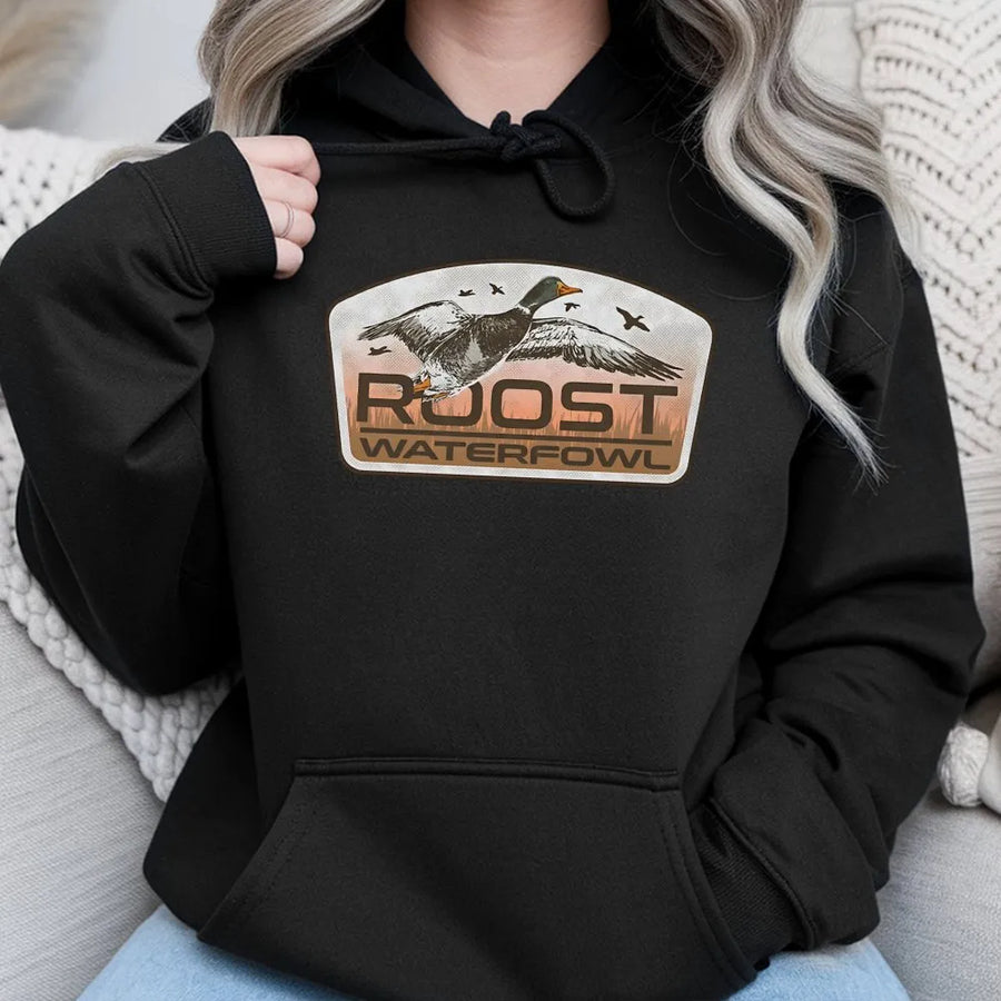 Roost Waterfowl Duck Hunting Hoodie | Flying Mallard Graphic Design | Premium Cotton-Blend | Perfect Gift for Hunters and Nature Lovers