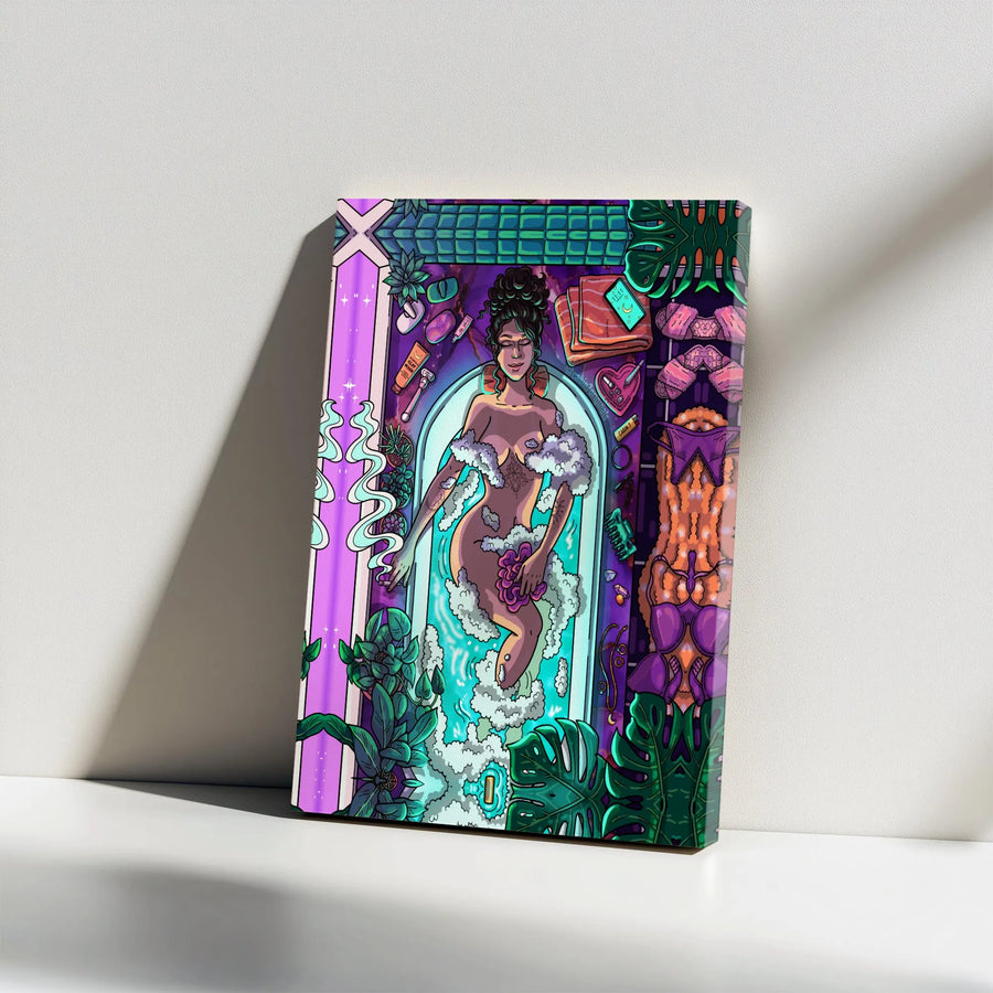 Stoner Self Care Canvas Wall Art | Vibrant Psychedelic Bathtub Illustration | Premium Fade-Resistant Print | Unique Bathroom Decor Gift